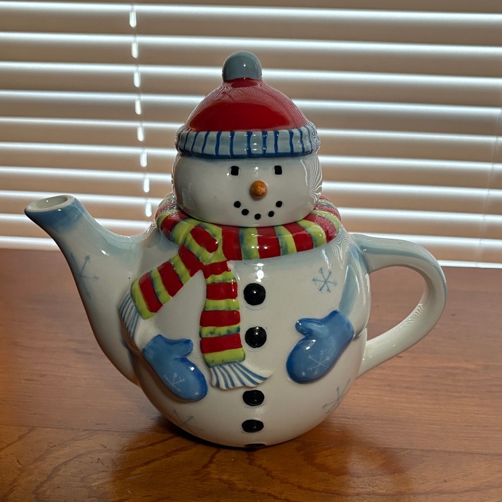 Snowman Teapot with Red and Blue Details